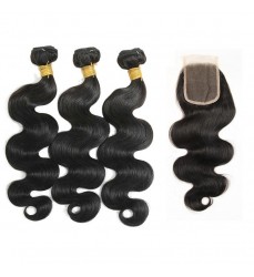 Virgin Human Brazilian Body Wave Hair 3 Bundles with Closure