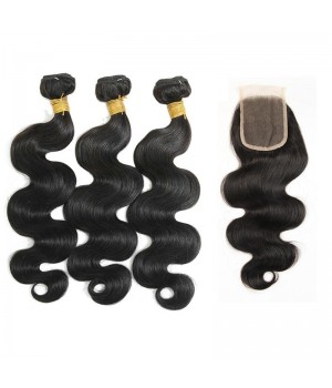 Virgin Human Brazilian Body Wave Hair 3 Bundles with Closure