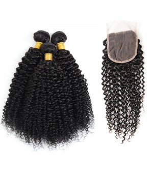 Brazilian Curly Hair 3 Bundles with Closure 4x4