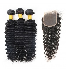 Brazilian Deep Wave Hair 3 Bundles with Closure 4x4