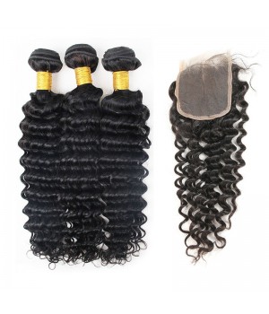 Brazilian Deep Wave Hair 3 Bundles with Closure 4x4