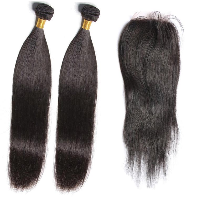 Virgin Peruvian Straight Hair 2 Bundles With 1 Lace Closure