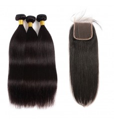 Virgin Human Brazilian Straight Hair 3 Bundles with Closure 4x4