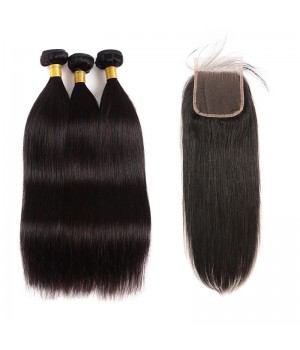 Virgin Human Brazilian Straight Hair 3 Bundles with Closure 4x4