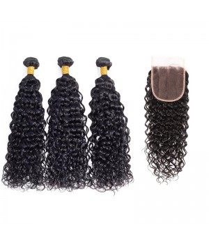 Brazilian Water Wave Hair 3 Bundles with Closure 4x4